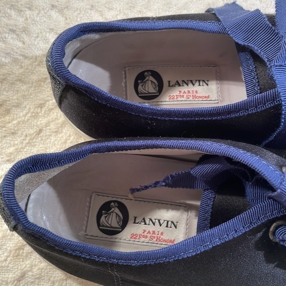 🤩HP🤩 Lanvin Paris Crackled Leather Toe Cap Satin Sided Black Navy Blue Sneaker - Picture 8 of 17